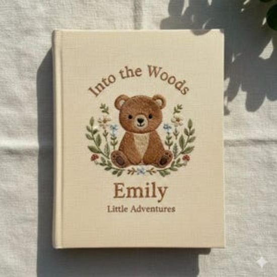 Personalized Bear Embroidered Journal, Handmade Linen A5 Notebook with Custom Name, Woodland Cottagecore Gift