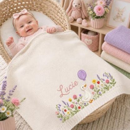 Personalized Baby Blanket with Name, Embroidered Goose and Wildflower Knit Blanket, Baby Girl Shower Gift, Newborn Nursery Heirloom Gift