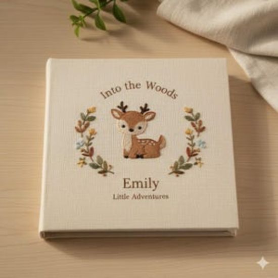 Personalized Deer Embroidered Journal, Handmade Linen A5 Notebook with Custom Name, Woodland Cottagecore Gift