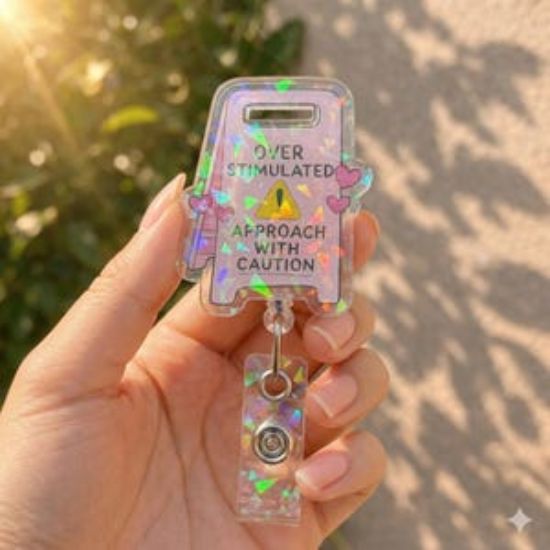 Holographic Overstimulated Badge Reel: Approach With Caution Nurse Clip Holder