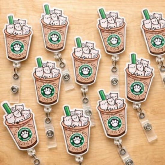 Cute Cat Coffee Badge Reel, Cappuccino Cat Badge Holder, Kawaii Cat Lover Gift, Funny Coffee Keychain Phone Charm Plug, Barista Gift