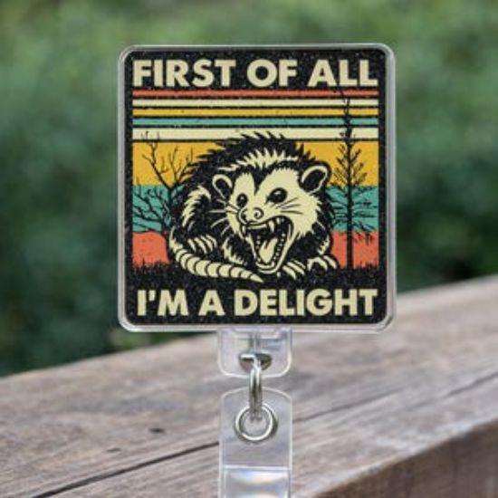 Holographic Opossum Badge Reel, Vintage Retro Sarcastic Holder (Keychain/Phone Charm)
