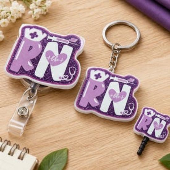 Glitter RN Badge Reel, Nurse Keychain, Medical Icons Accessory