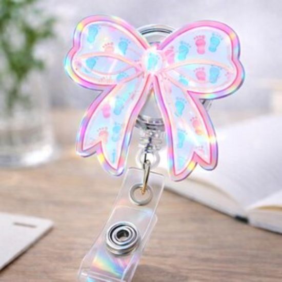Holographic Baby Footprint Bow Badge Reel, Keychain, Phone Charm Accessory