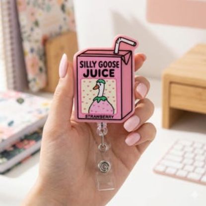 Silly Goose Juice Badge Reel, Cute Strawberry Milk Carton Badge Holder, Kawaii Goose Keychain, Pink Coquette Phone Charm Gift