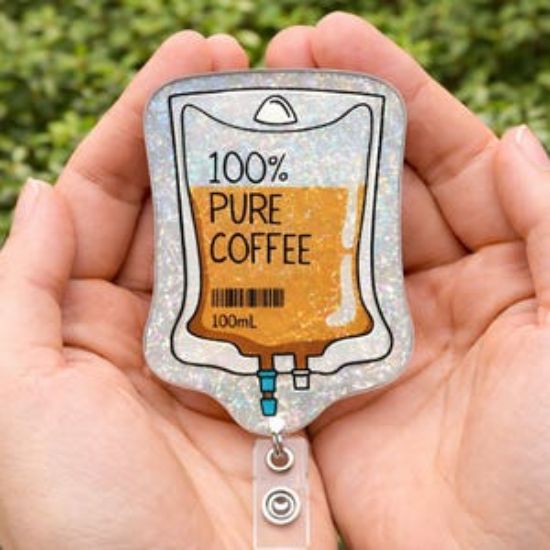 100% Pure Coffee IV Bag Badge Reel, Glitter Acrylic Nurse Holder