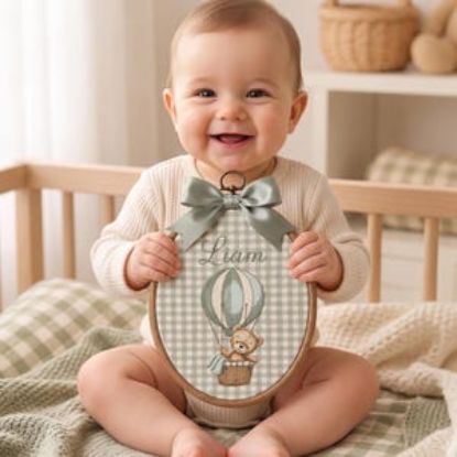 Personalized Baby Name Embroidery Hoop | Teddy Bear Hot Air Balloon Nursery Sign | Baby Name Reveal Gift | Baby Room Decor