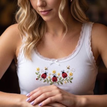 Besticktes Marienkäfer-Tanktop | Cottagecore-Tanktop mit Insektenspitze | Süßes Top für Naturliebhaber im Y2K-Stil | Geschenk für Sie | Geschenk für Gartenliebhaber