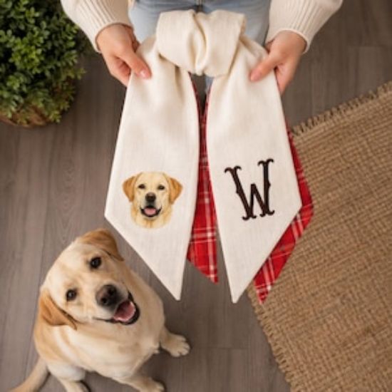 Personalized Embroidered Wreath Sash | Custom Pet Portrait Monogram Decor | Custom Initial Pet Portrait Bow | Pet Lover Decor