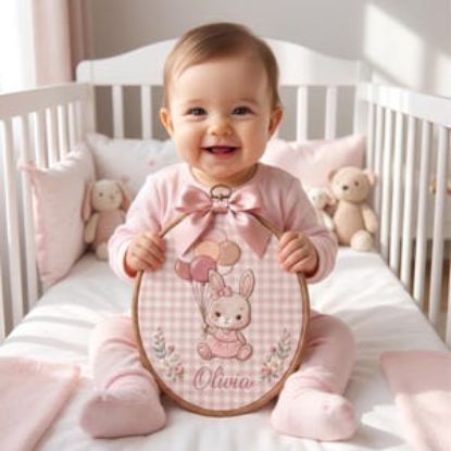 Personalized Embroidered Bunny Name Hoop Art | Pastel Balloons, Gingham Nursery Decor | Baby Girl Room Decor | Newborn Gift