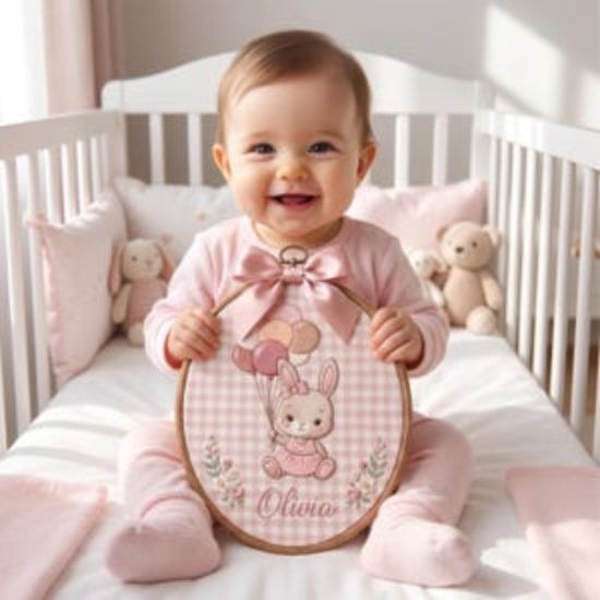 Personalized Embroidered Bunny Name Hoop Art | Pastel Balloons, Gingham Nursery Decor | Baby Girl Room Decor | Newborn Gift