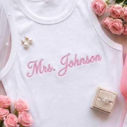 Besticktes Braut-Tanktop | Hochzeitsshirt mit Nachnamen der Braut | Outfit für den Junggesellinnenabschied