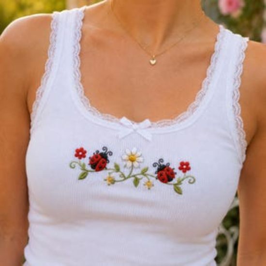 Besticktes Marienkäfer-Tanktop | Gartenhemd im Cottagecore-Stil | Trägertop mit Blumenmuster | Niedliches Top für Naturliebhaber aus den 20er-Jahren | Geschenkidee für Sie | Geschenk für Gartenfreunde