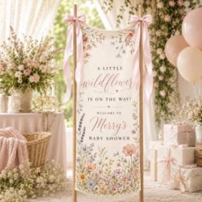 Wildflower Baby Shower Welcome Banner Sign Polyester Banner Custom Girl Baby Shower Welcome Floral Decor Party