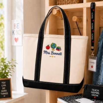 Custom Embroidered Teacher Tote Bag, Personalized Gift for Teachers with Apple Logo, Canvas Tote Bag for Teacher Appreciation