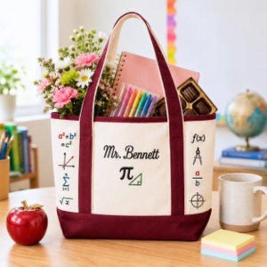 Personalized Math Teacher Embroidery  Tote Bag, Custom Gift for Teachers, Geometry Algebra Classroom Canvas Bag, Teacher Retirement Gift