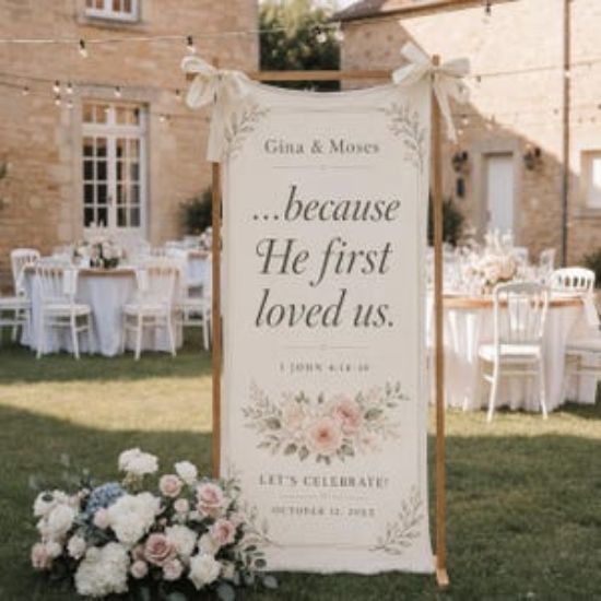 Custom Bible Verse Polyester Wedding Welcome Sign, Church Wedding Banner with Scripture, Personalized Quote Fabric Reception Ceremony Decor