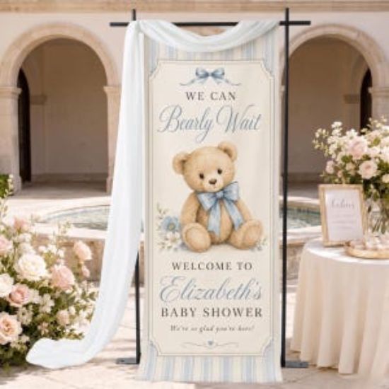 Personalized Teddy Bear Baby Shower Welcome Banner, We Can Bearly Wait Entrance Sign, Light Blue Stripes Welcome Banner, Coquette Bow