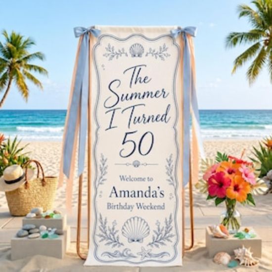Personalized 50th Birthday Banner, Custom The Summer I Turned 50 Sign, Coastal Birthday Welcome Decor, Beach Birthday Backdrop