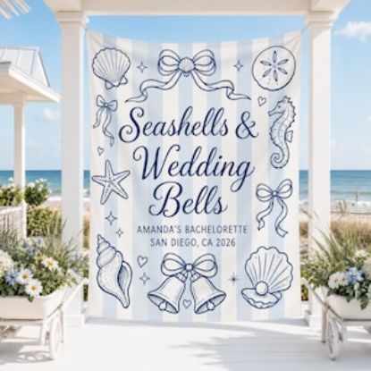 Seashells and Wedding Bells Bachelorette Wall Tapestry, Personalized Coast Backdrop, Beach Bridal Shower Banner Party Decor