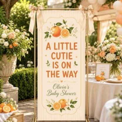 Personalized A Little Cutie Is On The Way Welcome Sign, Custom Orange Baby Shower Banner, Peach Gingham Backdrop, Baby Shower Decor