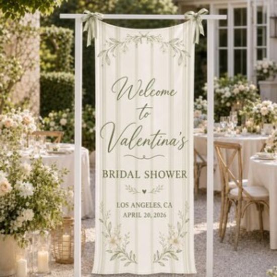 Personalized Polyester Bridal Shower Welcome Sign, Custom Fabric Banner for Weddings, Stripe Shower Sign, Welcome Sign Decor
