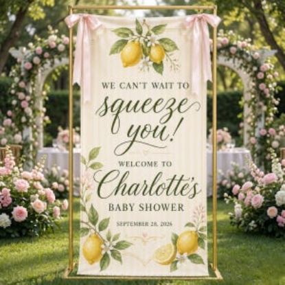 Personalized Lemon Baby Shower Welcome Banner, We Can’t Wait To Squeeze You Fabric Sign, Custom Citrus Girl Shower Decor