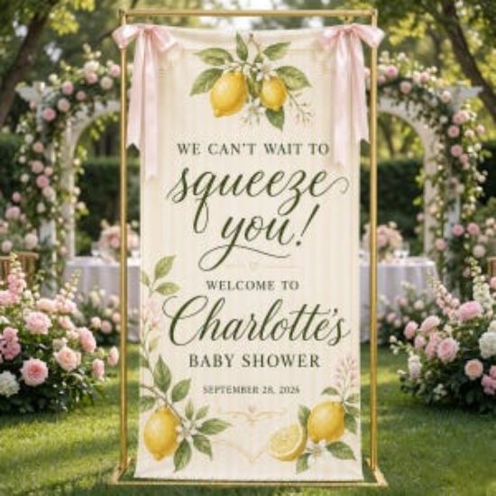Personalized Lemon Baby Shower Welcome Banner, We Can’t Wait To Squeeze You Fabric Sign, Custom Citrus Girl Shower Decor