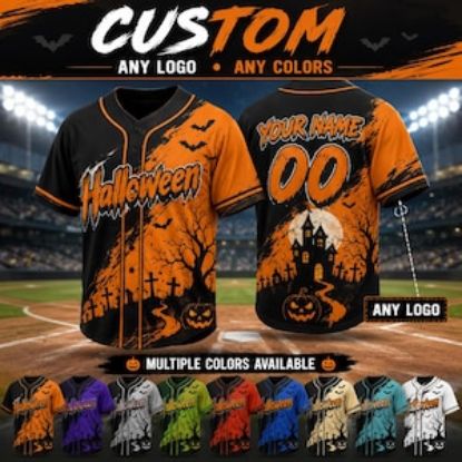 Personalized Halloween Baseball Jersey, Custom Name Spooky Pumpkin Jersey, Haunted House Team Gift for Boys Girls Jersey Shirt
