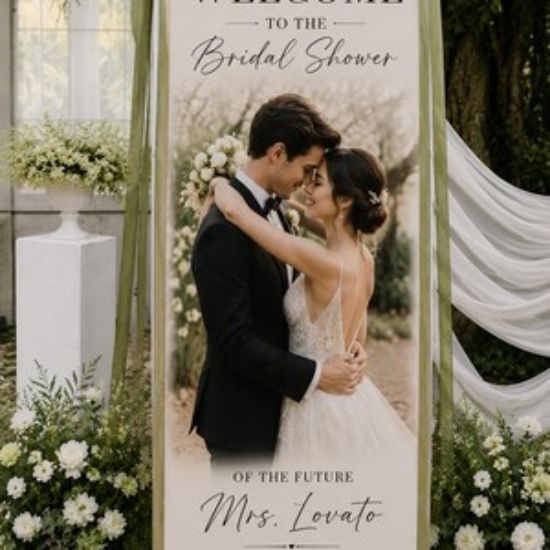 Personalized Polyester Wedding Welcome Sign, Custom Photo Banner, Couple Portrait Decor Welcome Sign Decor Party
