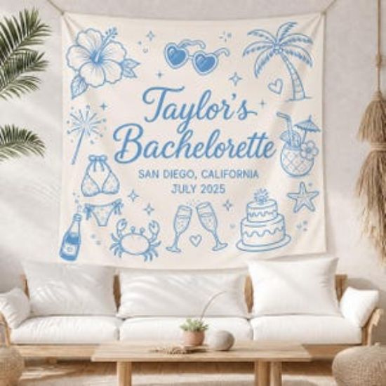 Personalized Beach Bachelorette Banner Tapestry, Bachelorette Party , Tropical Bachelorette Photo Backdrop, Coastal Bachelorette Party Decor