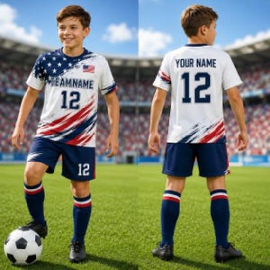 Custom USA Soccer Jersey Personalized Name & Number Shirt Red White Blue Patriotic Football Outfit for Men Women Youth Kids Gift