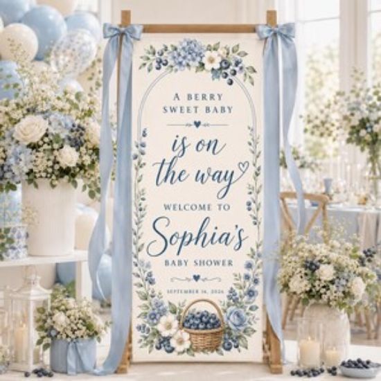 Personalized Blueberry Baby Shower Welcome Banner, Custom Satin Berry Sweet Sign, Blue Gingham Bow Party Backdrop Decor Party