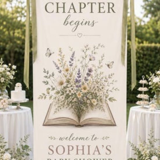 Personalized PolyesterTapestry Storybook Baby Shower Welcome Sign, Floral Book Banner, Custom New Chapter Begins Party Backdrop