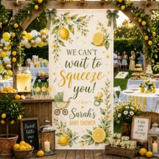 Personalized Lemon Baby Shower Welcome Polyester Banner, Citrus Theme Party Backdrop, Custom Name Decor Party