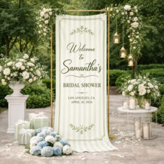 Personalized Bridal Shower Welcome Sign Green Stripe Banner, Custom Name Bridal Shower Sign,Garden Party Wedding Shower Decor, Elegant Bride