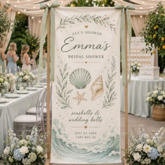 Custom Seashells and Wedding Bells Polyester Bridal Shower Banner, Beach Wedding Fabric Welcome Sign, Boho Summer Bachelorette Party Banner