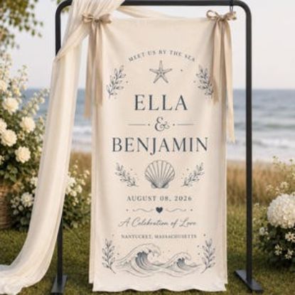 Personalized Coastal Polyester Wedding Welcome Sign, Beach Ceremony Banner, Seaside Wedding Decor, Nantucket Sign Decor Party
