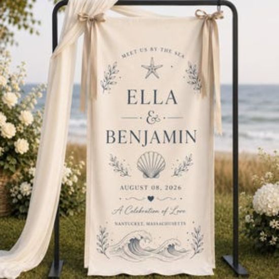 Personalized Coastal Polyester Wedding Welcome Sign, Beach Ceremony Banner, Seaside Wedding Decor, Nantucket Sign Decor Party