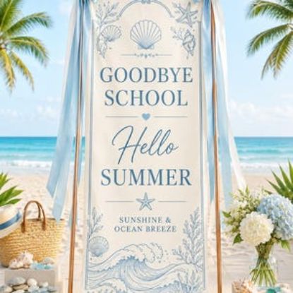 Custom Coastal Summer Polyester Banner, Goodbye School Hello Summer Wall Hanging Party Banner Sign, Decor Party