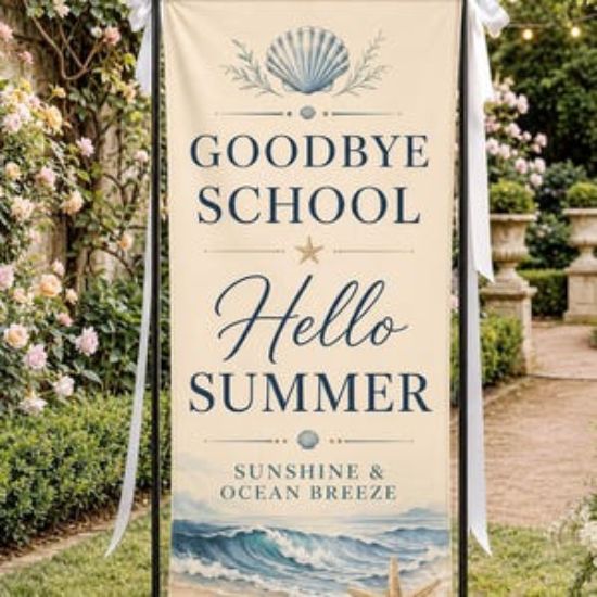Custom Coastal Summer Polyester Banner, Personalized Goodbye School Hello Summer Wall Hanging Party Banner Sign, Decor Party