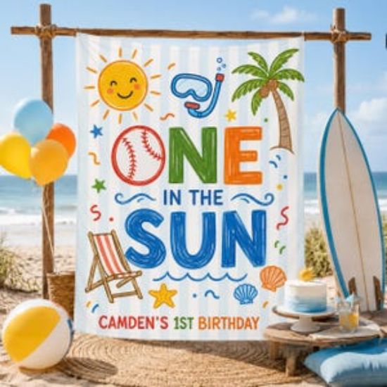 Personalized Tropical Summer 1st Birthday Backdrop Tapestry, Beach Party Banner Sign, Decor Party Shower Banner