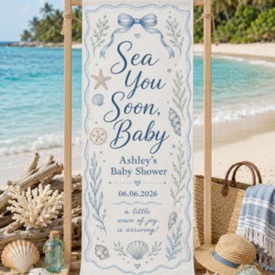 Personalized Polyester Baby Banner, Coastal Beach Shower Decor, Nautical Welcome Sign, Beach Sign Decor Party