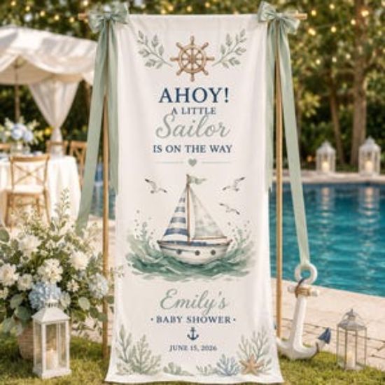 Nautical Baby Shower Banner Welcome Sign, Sailor Theme, Little Sailor Backdrop, Polyester Fabric Decor Beach Party Decor