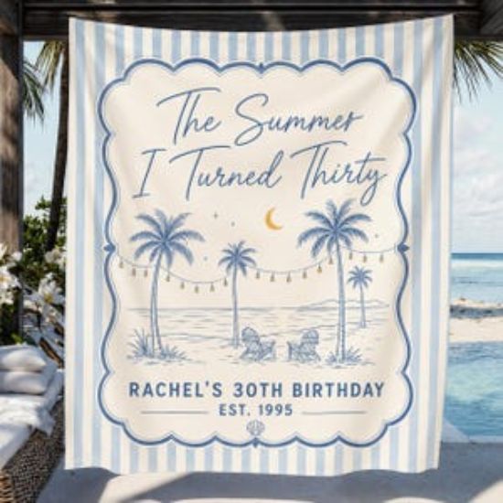 Personalized  The Summer I Turned Birthday Party Tapestry Banner, Custom Coastal Birthday Backdrop Beach Birthday, Summer Birthday Decor