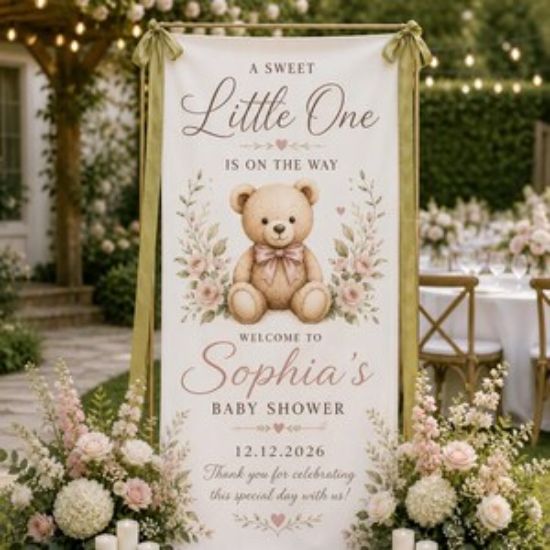 Personalized Baby Shower Welcome Banner, Custom Teddy Bear Baby Shower Sign, Fabric Banner Neutral Baby Decor, Elegant Outdoor Baby Shower