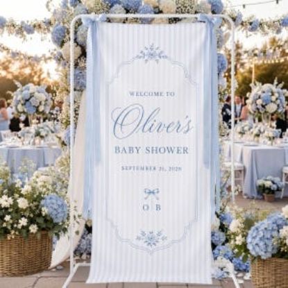 Personalized Baby Shower Welcome Sign, Baby Shower Banner, Blue Stripe Baby Shower Tapestry Decor, Custom Name Baby Party Backdrop