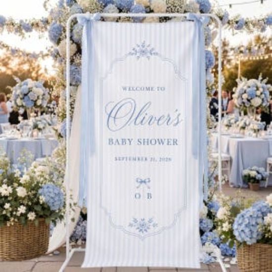 Personalized Baby Shower Welcome Sign, Baby Shower Banner, Blue Stripe Baby Shower Tapestry Decor, Custom Name Baby Party Backdrop
