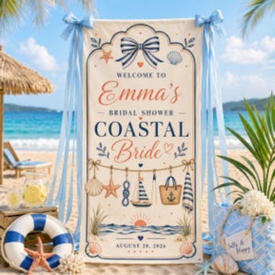 Custom Coastal Bride Bridal Shower Welcome Banner, Personalized Beach Bridal Shower Sign, Nautical Bridal Party Decor, Personalized Banner