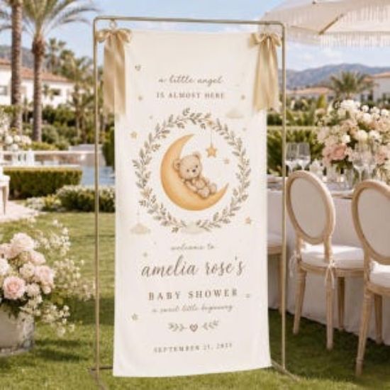 Personalized Baby Shower Polyester Banner, Custom Baby Name Welcome Sign, Hot Air Balloon Backdrop, Little Angel Baby Shower Decor